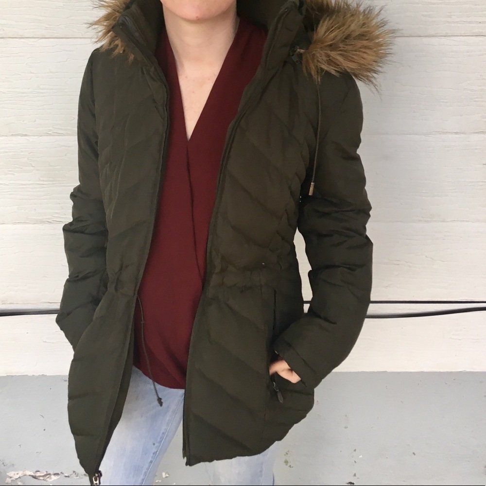 Chevron faux fur hooded down parka coat